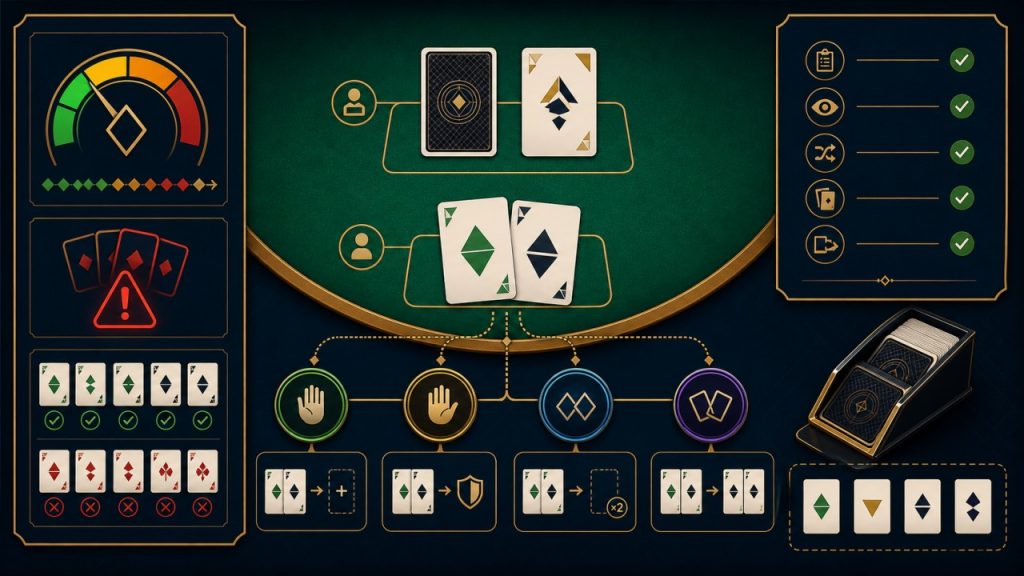 Blackjack Là Gì? Luật Chơi, Cách Tính Điểm Và Các Lựa Chọn 1 Minh họa luật Blackjack, cách tính điểm và các lựa chọn cơ bản