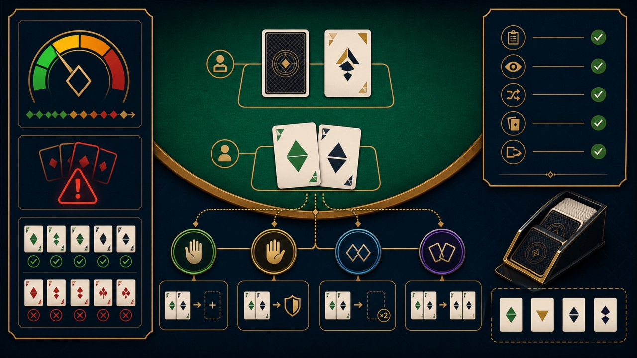 Blackjack Là Gì? Luật Chơi, Cách Tính Điểm Và Các Lựa Chọn 2 Minh họa luật Blackjack, cách tính điểm và các lựa chọn cơ bản