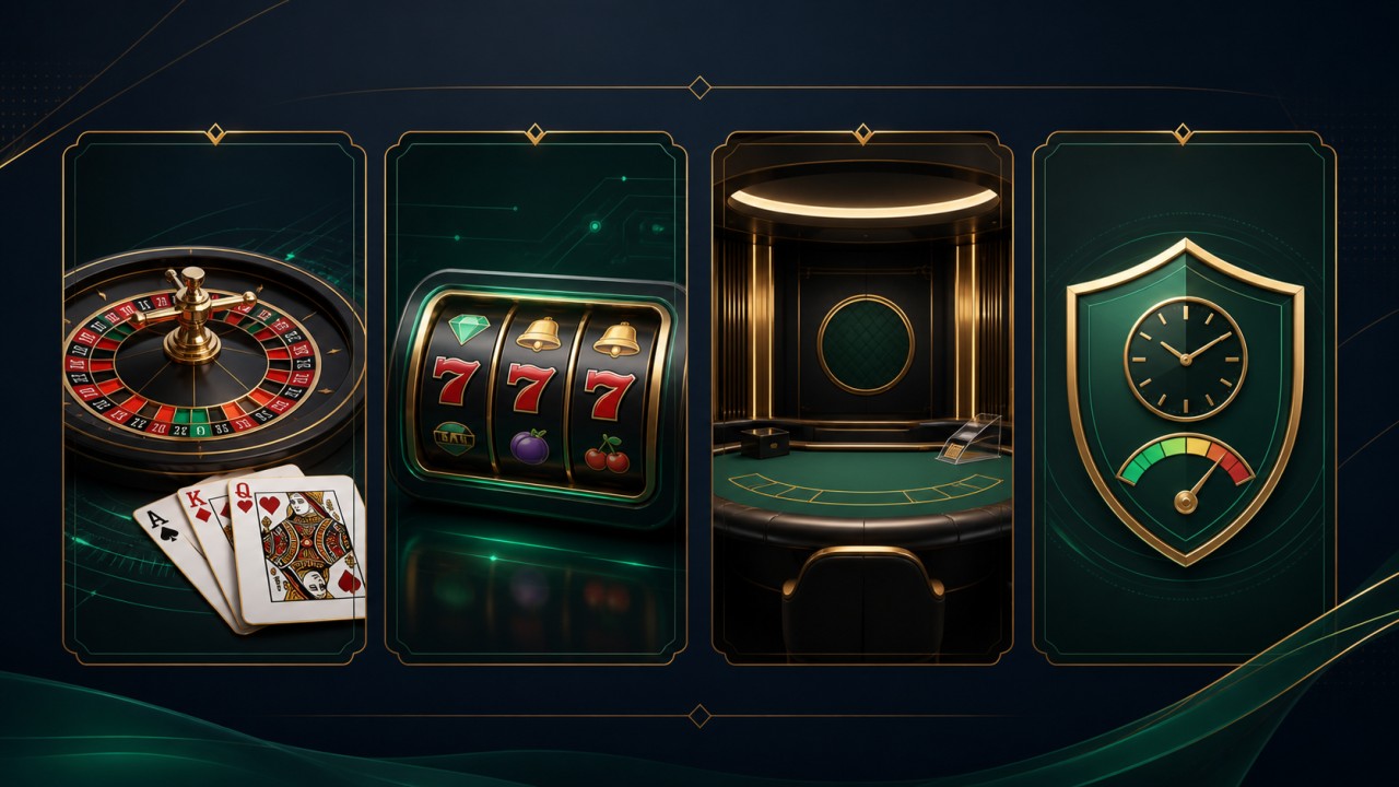Minh họa các nhóm casino online gồm game bàn, slot, RNG và live casino