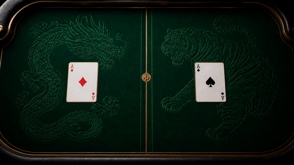 Rồng Hổ Là Gì? Cách So Bài Dragon, Tiger Và Xử Lý Hòa 1 Hai lá bài trên bàn Rồng Hổ minh họa cửa Dragon và Tiger
