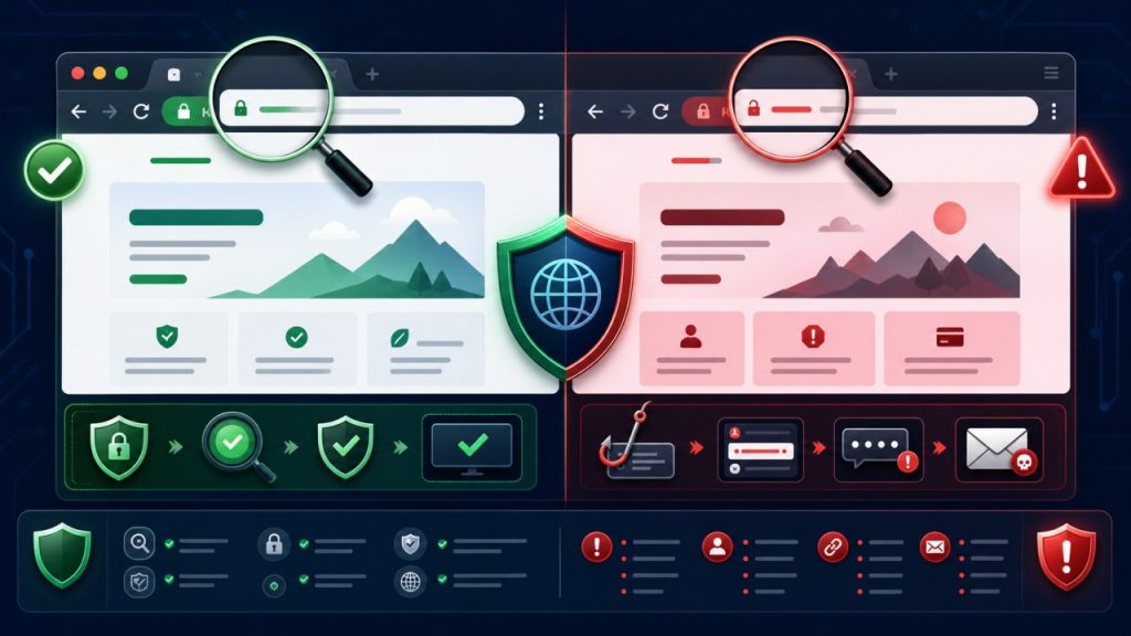 Minh họa cách phân biệt website thật và website giả mạo